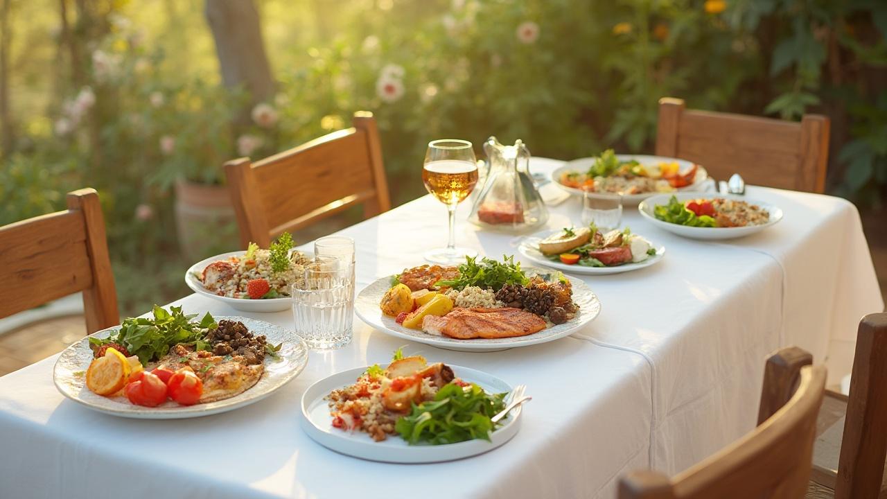 Table dressée avec des plats variés, vin et décor de nature