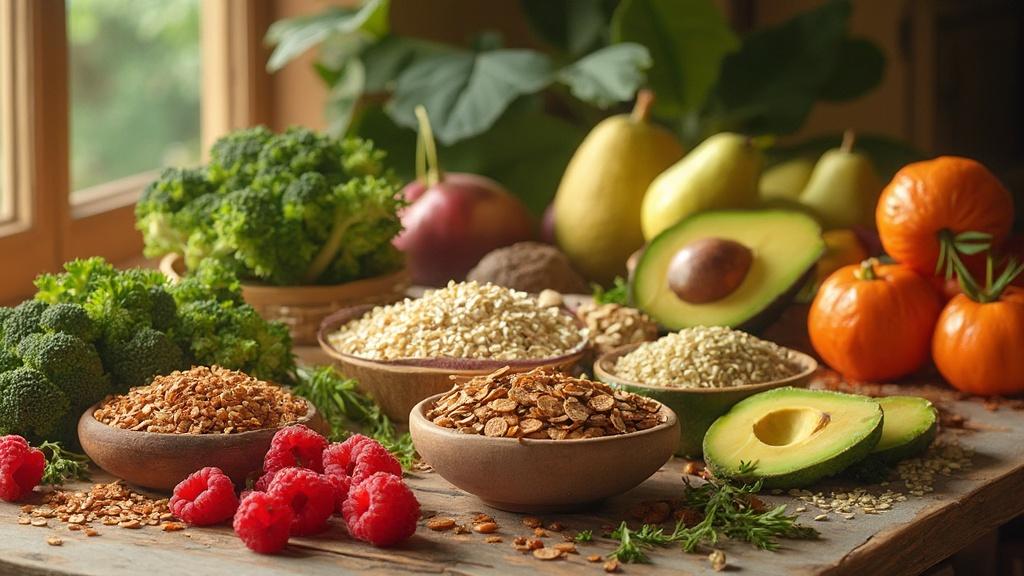 Assortiment de fruits, légumes, céréales et légumineuses sur une table en bois