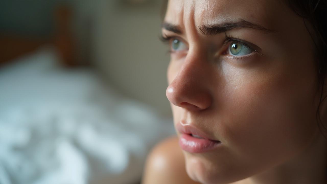 Gros plan d'une femme aux yeux bleus, l'expression triste et préoccupée